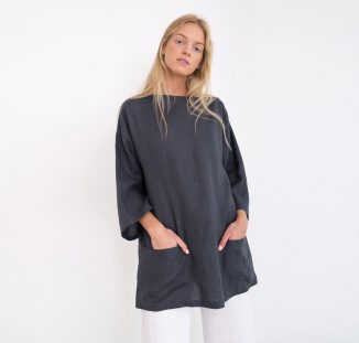 Handmade ALEXIS Oversized Linen Tunic Top Features Drop Shoulder Design and Boat Neckline