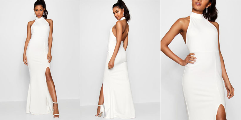 Boohoo Faith High Neck Extreme Split Front Maxi Dress Just Like Meghan's Stella McCartney Wedding Reception Gown