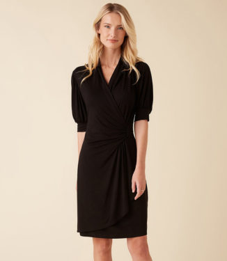Karen Kane Short Sleeve Wrap Black Dress with Stylish Puff Sleeves
