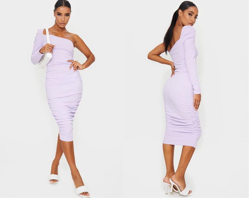 Lilac One Shoulder Ruched Detail Midi Dress - Flaunt That Sexy Shoulder
