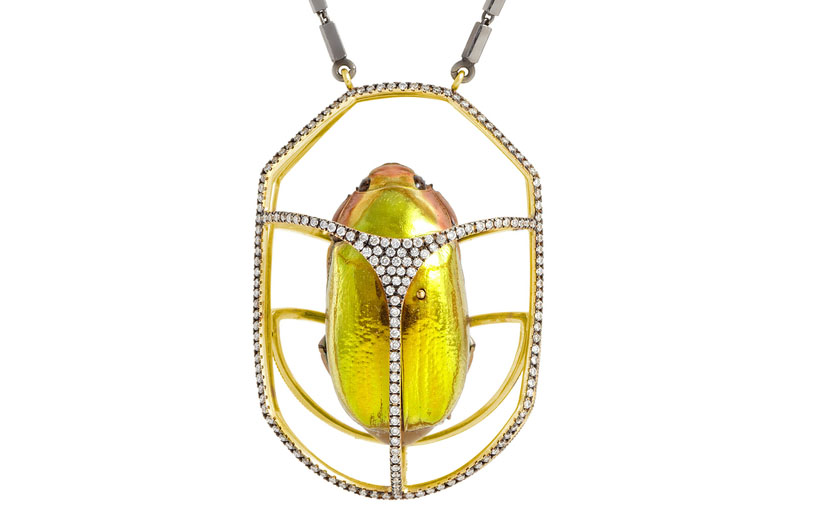 Lito Caged Scarab Pendant by Chrysina Aurigans