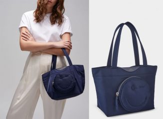 Anya Hindmarch Mini Chubby Smiley Nylon Tote Has Cute Wink Face Pocket