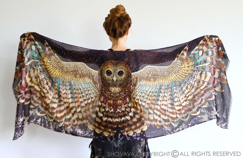 Gorgeous Owl Wings Silk Scarf Wrap by Shovava