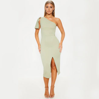 Elegant Sage Green One Shoulder Dress with Bow Detail Highlights Warm Skin Tone