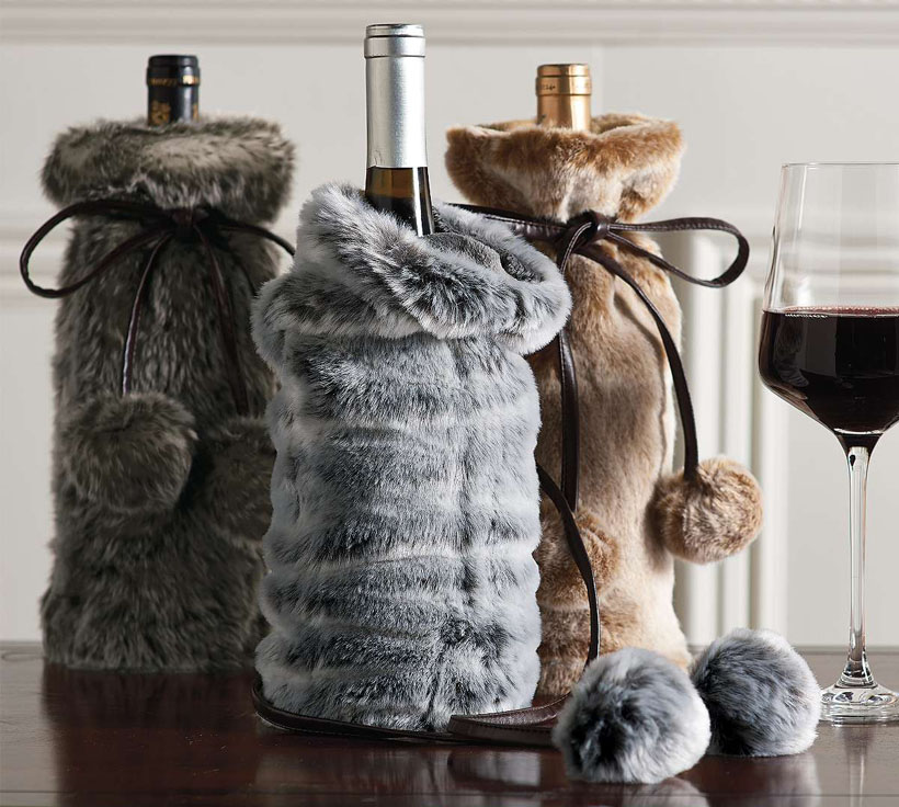 Set of Three Faux Fur Wine Bottle Covers