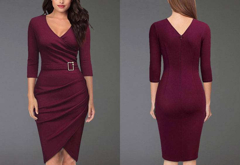 Surplice Ruched Chain Plain Bodycon Dress